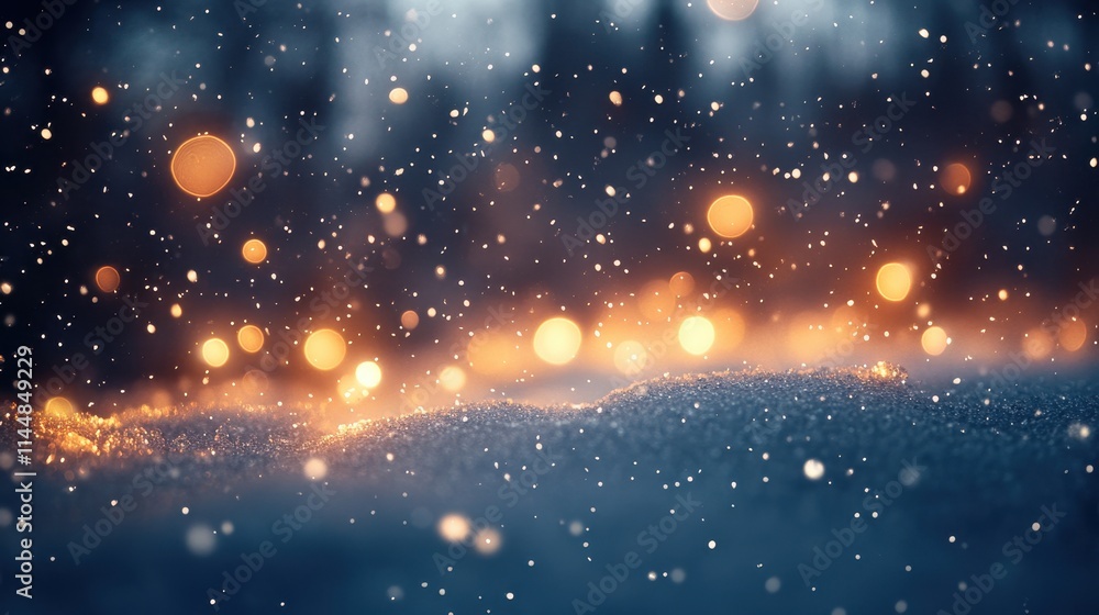 Obraz premium Abstract winter landscape featuring snow and enchanting golden bokeh lights, perfect for seasonal banners and artistic panoramas