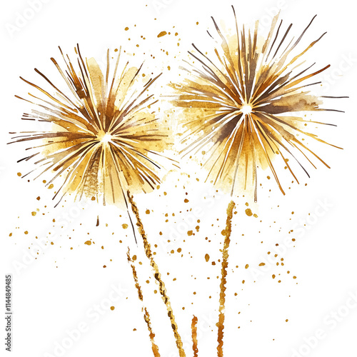 Watercolor gold fireworks bursting in sky, isolated on transparent background