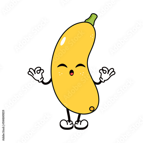 Yellow vegetable marrow doing yoga character. Vector hand drawn traditional cartoon vintage, retro, kawaii character illustration icon. Isolated on white background. Yellow vegetable marrow character