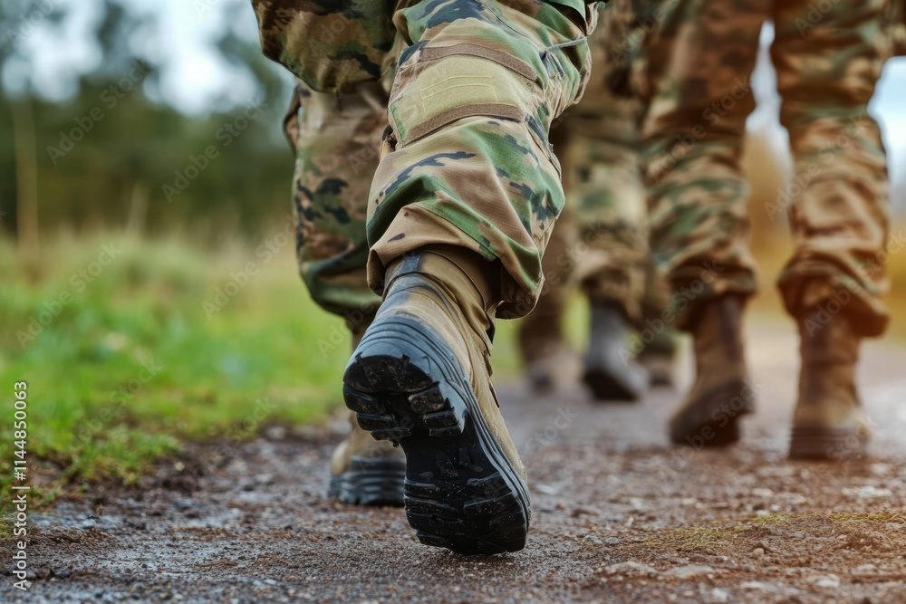 A group of soldiers in camouflage uniforms march together on a dirt path, showcasing discipline and teamwork in a military training exercise. A group of soldiers in camouflage uniforms march together on a dirt path, showcasing discipline and teamwork in a military training exercise.