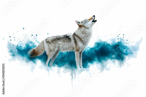 Beautiful howling coyote with watercolor splashes in blue tones on a white background, symbolizing wilderness and nature photo