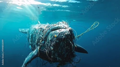 Underwater shot of a whale entangled in plastic waste and fishing nets, symbolizing the devastating impact of ocean pollution and the urgent need for environmental protection
