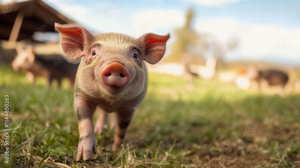 A curious little piglet ventures across a grassy field under bright sunlight, capturing the essence of rural life filled with vibrancy and innocence. A curious little piglet ventures across a grassy field under bright sunlight, capturing the essence of rural life filled with vibrancy and innocence.
