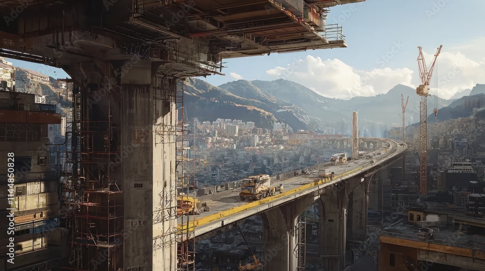 Elevated highway under construction with city view. Elevated highway under construction with city view.