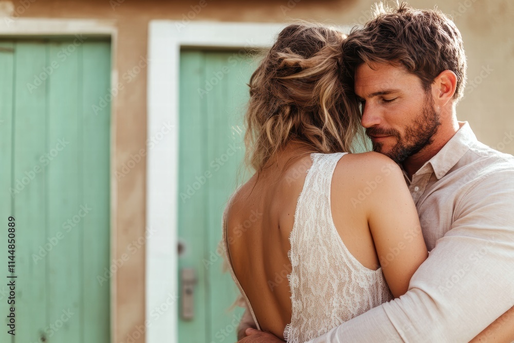 In a peaceful outdoor setting, a couple shares a romantic embrace, showcasing themes of love, warmth, and unity through their intimate connection. In a peaceful outdoor setting, a couple shares a romantic embrace, showcasing themes of love, warmth, and unity through their intimate connection.