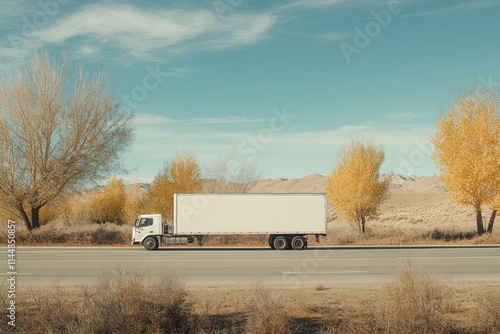 Wallpaper Mural White semi-truck driving on highway with autumn trees. Torontodigital.ca