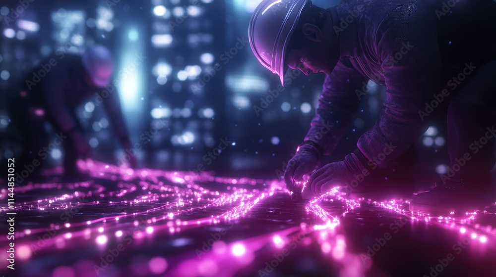 High-tech workers installing glowing fiber optic cables in urban environment at night High-tech workers installing glowing fiber optic cables in urban environment at night