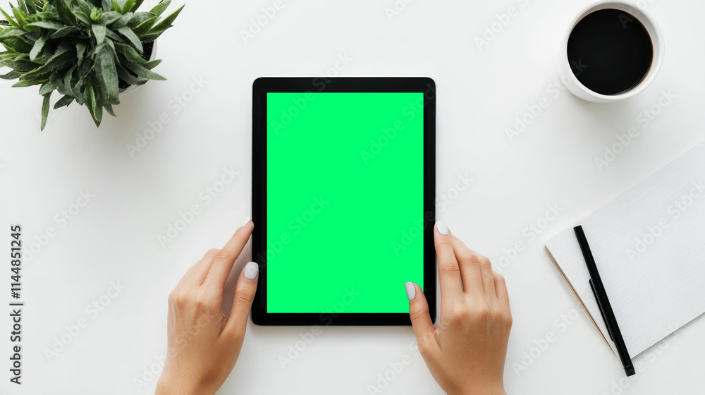 Hands using black tablet mockup isolated on white background. Hands using black tablet mockup isolated on white background.
