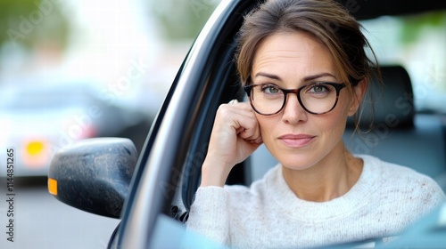 A woman wearing black-framed glasses sitting in a parked car, rested head on her hand, gazes seriously outside, reflecting a contemplative mood.