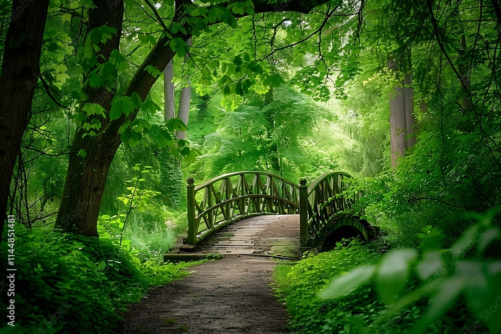 Obraz premium Wooden bridge over a river in the park in the summer.