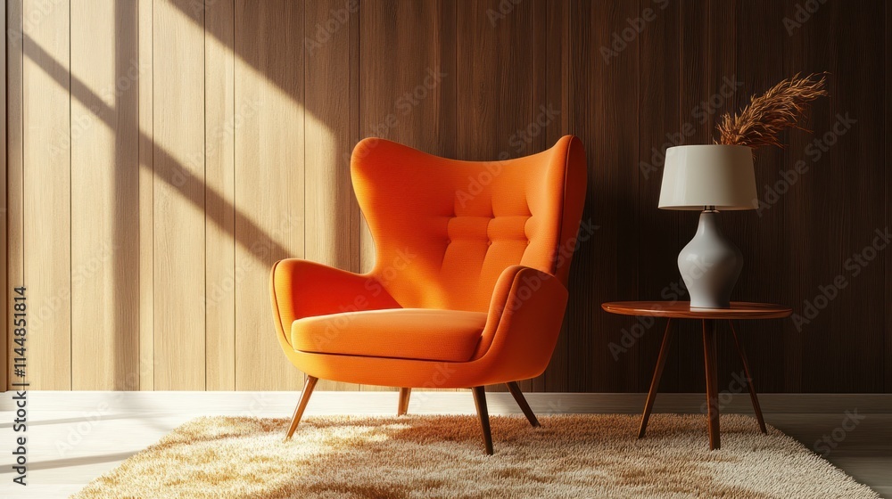 Orange chair, table, lamp, and dried grass on wooden floor and wall. Orange chair, table, lamp, and dried grass on wooden floor and wall.