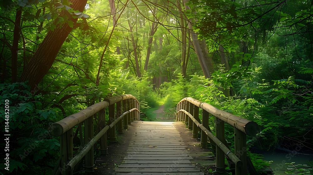 Obraz premium Wooden bridge over a river in the park in the summer.