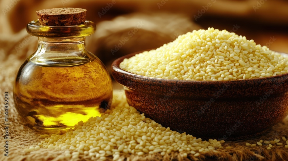 Sesame seeds and oil, close-up shot of a small bowl of sesame seeds and a small bottle of sesame oil. Sesame seeds and oil, close-up shot of a small bowl of sesame seeds and a small bottle of sesame oil.