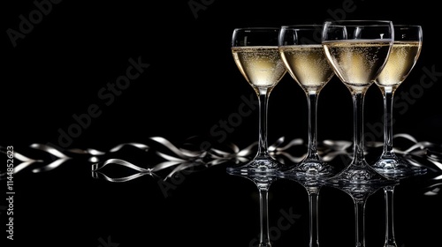 Glasses of champagne and serpentine streamers on table against black background with blurred lights. Space for text