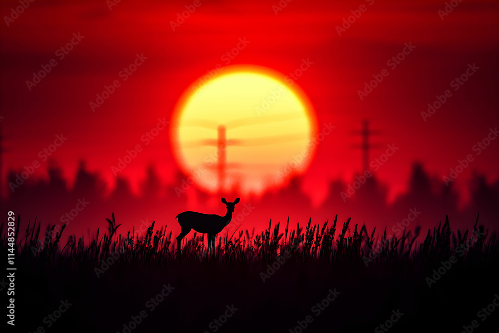 Fototapeta premium Silhouette of a deer in a golden sunset with vibrant red sky, foreground of tall grass and distant trees