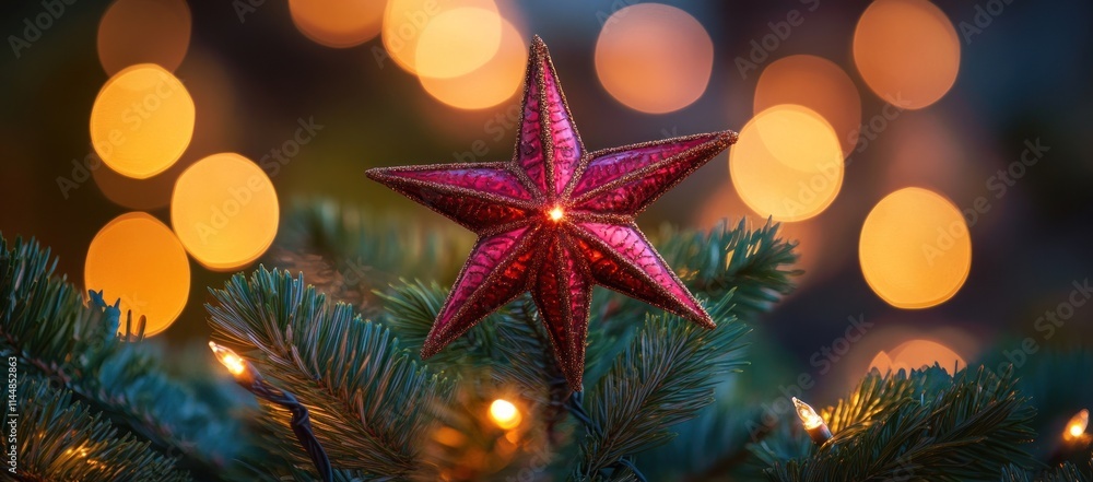 Red star on pine branch with bokeh. Red star on pine branch with bokeh.