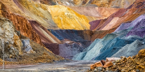 Multicolored industrial dumps at a mining site showcase the diverse materials extracted through open pit methods, highlighting the vibrant hues associated with mineral mining activities.
