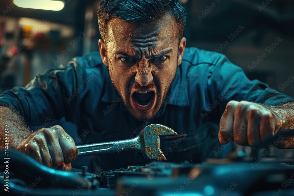 Frustrated mechanic, wrench in hand, shouts. Frustrated mechanic, wrench in hand, shouts.