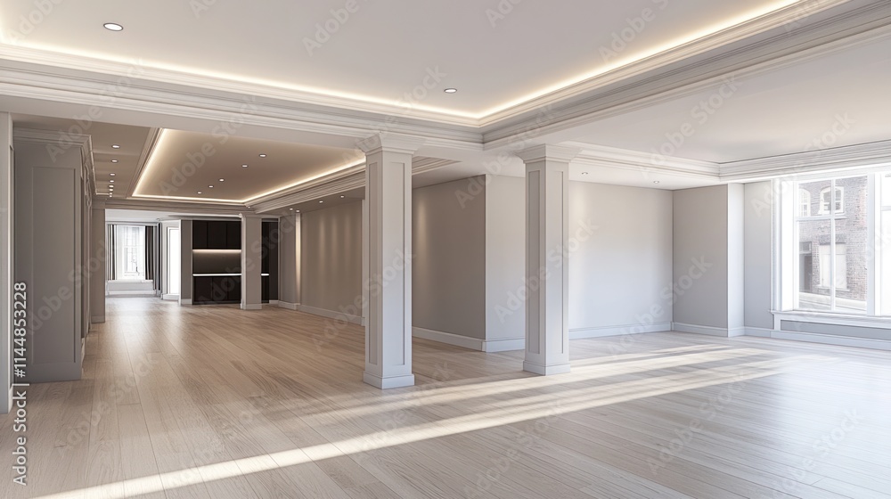 Obraz premium Bright, empty, spacious interior with columns, hardwood floor and lighting.