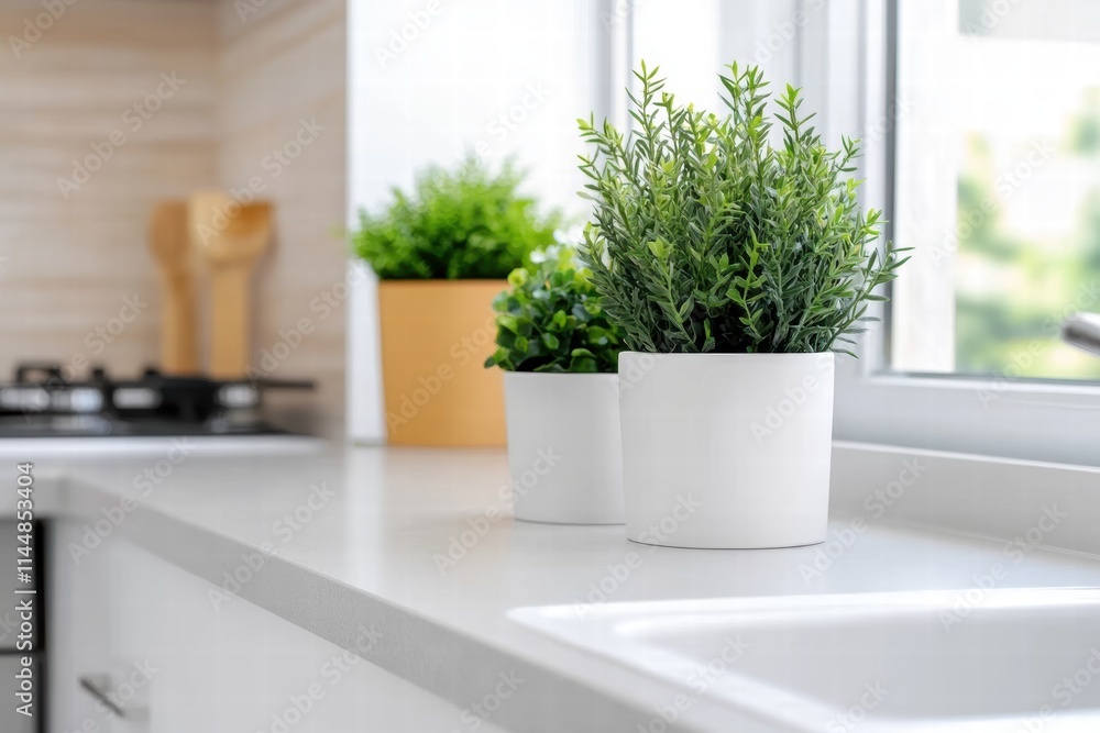 A serene kitchen corner by the window showcases green plants in white pots alongside a sleek sink, capturing a sense of tranquility and stylish modern living. A serene kitchen corner by the window showcases green plants in white pots alongside a sleek sink, capturing a sense of tranquility and stylish modern living.