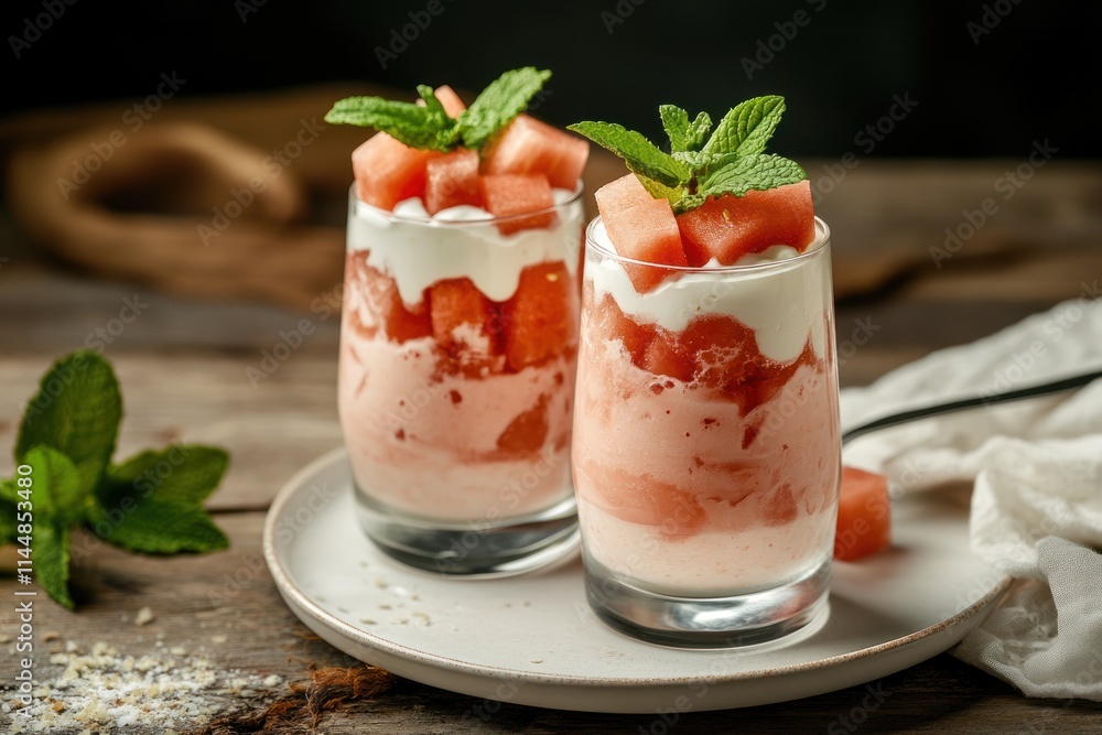 Two watermelon desserts in glasses with mint. Two watermelon desserts in glasses with mint.