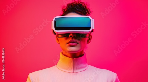 Woman Wearing Modern Virtual Reality Headset Against Bright Pink Background, Experiencing Immersive Digital World with Futuristic Technology