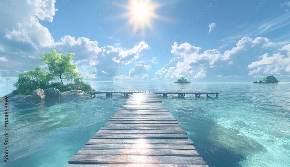 Naklejka premium A wooden bridge leading to an island in the middle of clear blue water, with white clouds and sunshine