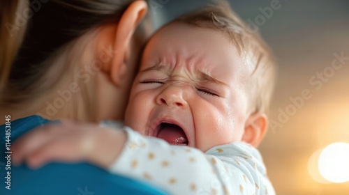 A distressed baby with crinkled brows and wide open mouth is held close by a caregiver, seeking soothing comfort and emotional support during a difficult moment. photo