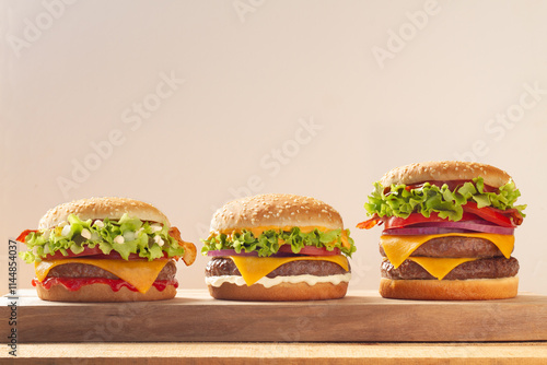 Delicious Cheeseburgers with Lettuce and Tomato on a Wooden Board photo