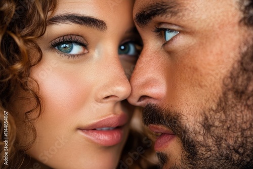 A couple locked in an amorous gaze, showcasing the deep love and connection in their relationship, emphasizing their eyes and facial expressions harmoniously.