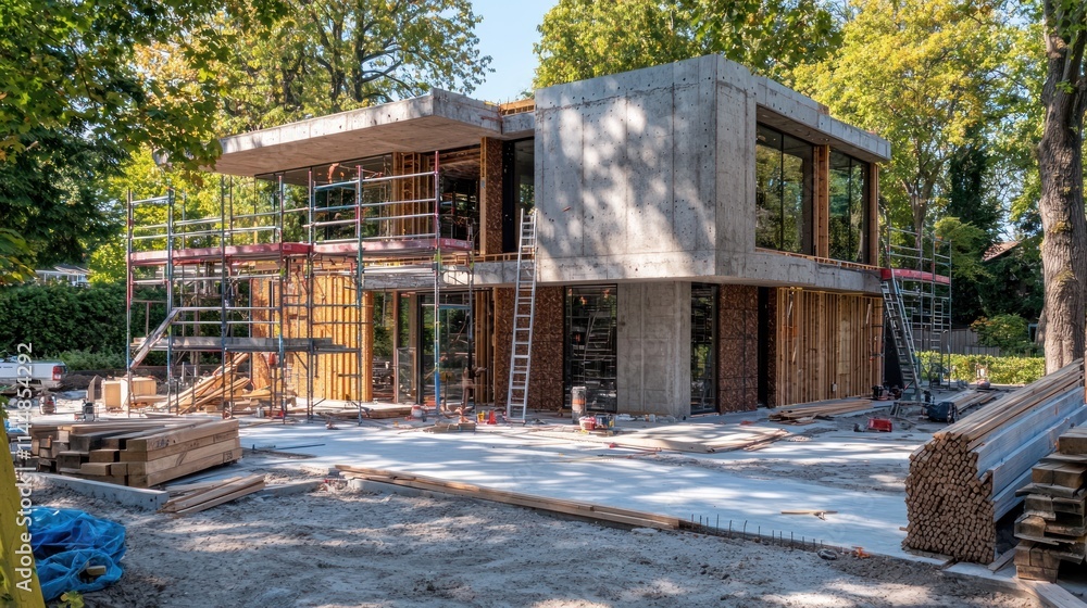 Concrete house construction with scaffolding. Concrete house construction with scaffolding.