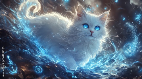 A white cat with crystal blue eyes and a shimmering tail, surrounded by floating stars and magical symbols