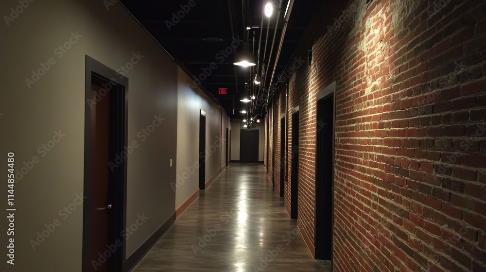 Long hall with exposed brick and doors. Long hall with exposed brick and doors.