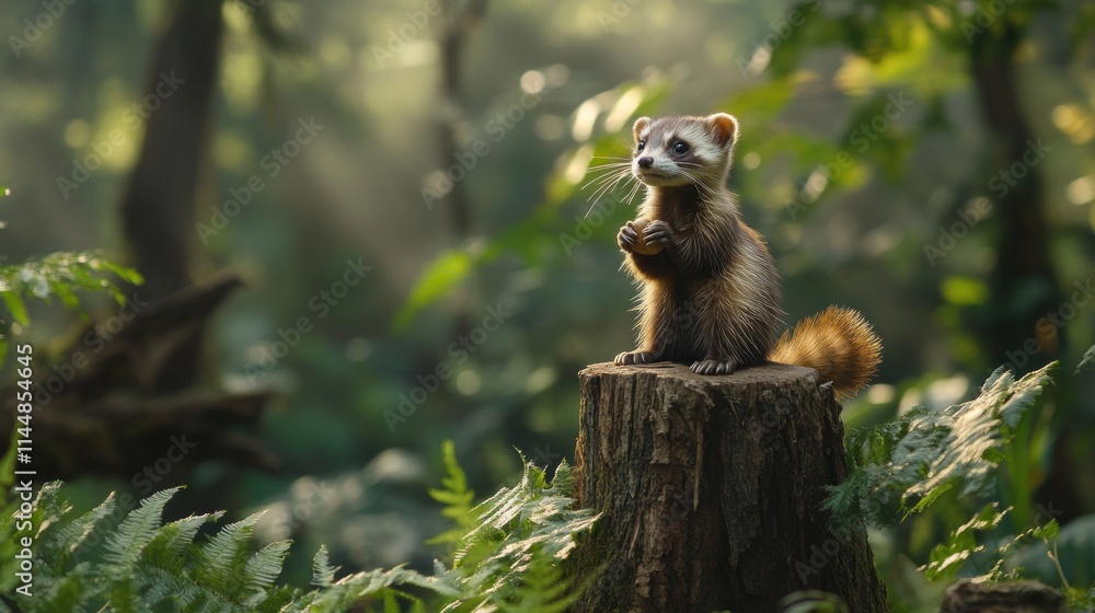Obraz premium Ferret on stump, forest.