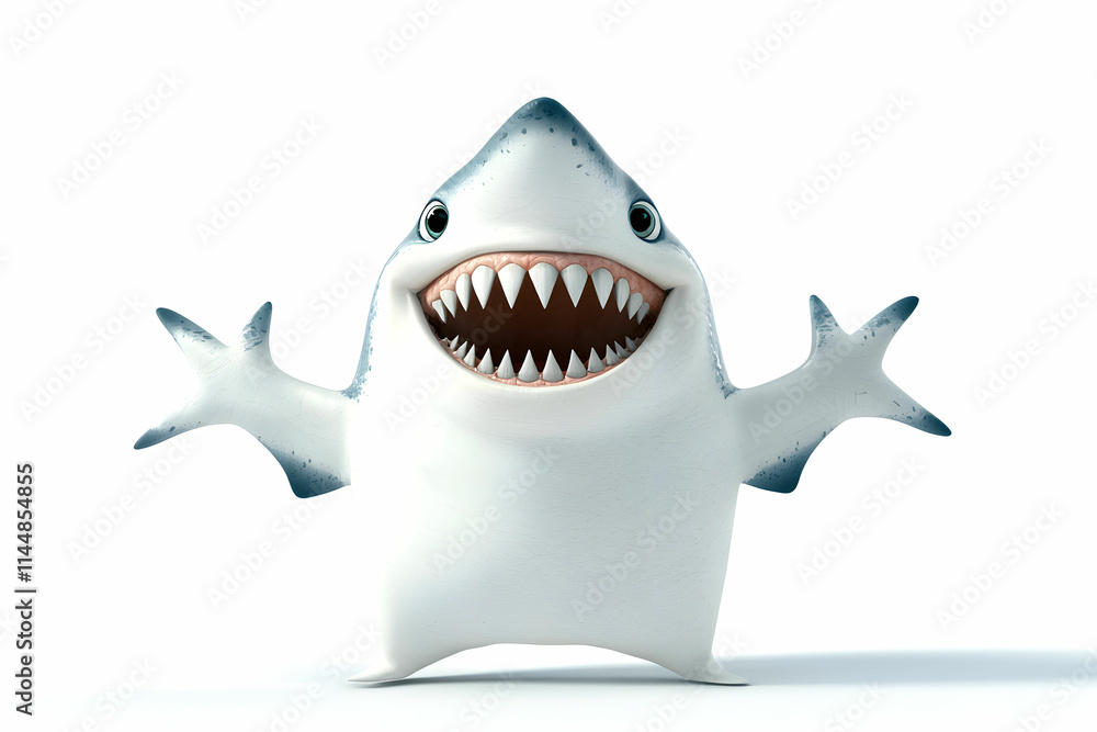 Playful Cartoon Shark Character with Big Smile and Wide Open Mouth, Ideal for Children's Illustrations and Educational Materials Playful Cartoon Shark Character with Big Smile and Wide Open Mouth, Ideal for Children's Illustrations and Educational Materials