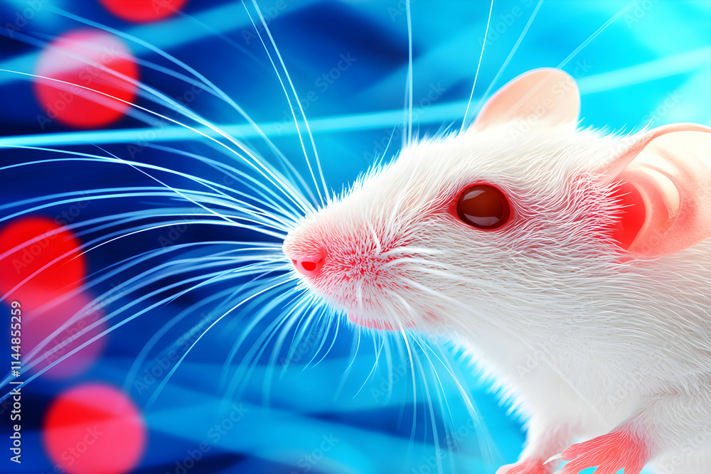 Close-Up of a White Mouse with Vibrant Blue Background and Colorful Lights in Artistic Style Close-Up of a White Mouse with Vibrant Blue Background and Colorful Lights in Artistic Style