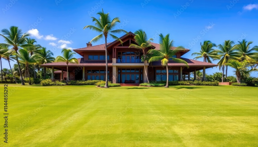A photograph a luxury mansion with a lush green lawn, surrounded by palm trees and tropical vegetation A photograph a luxury mansion with a lush green lawn, surrounded by palm trees and tropical vegetation