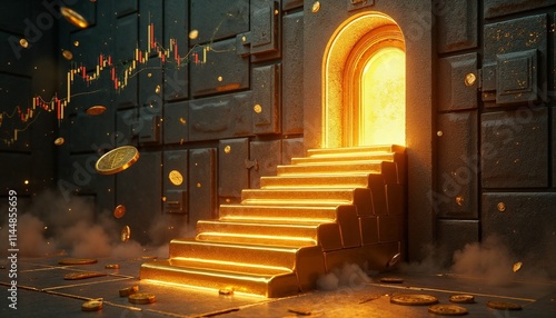 Surreal digital art of a golden staircase leading to a glowing vault door with floating currency symbols
