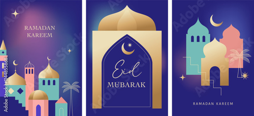 Ramadan Kareem. Modern geometric Islamic greeting card template and wallpaper design. Poster and media banner vector illustration
