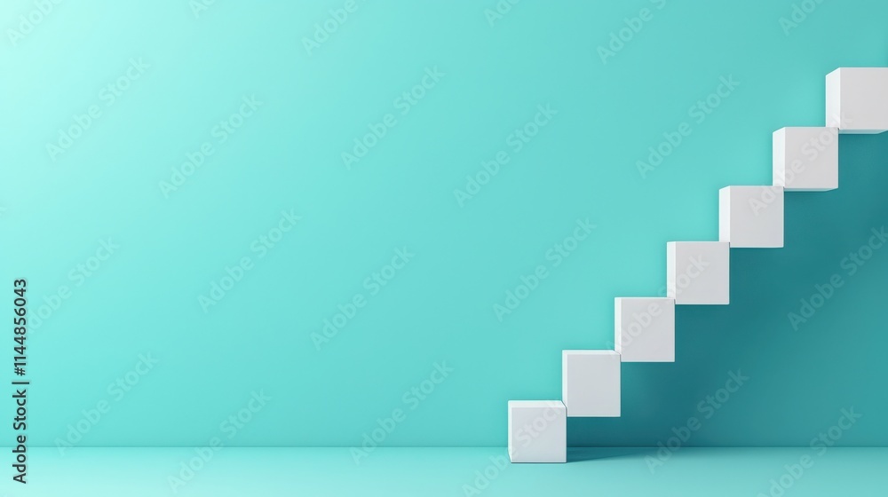 Minimalist of White Cubes Forming a Staircase Against a Solid Teal Background for Concepts of Growth, Progress, and Success in Design Minimalist of White Cubes Forming a Staircase Against a Solid Teal Background for Concepts of Growth, Progress, and Success in Design