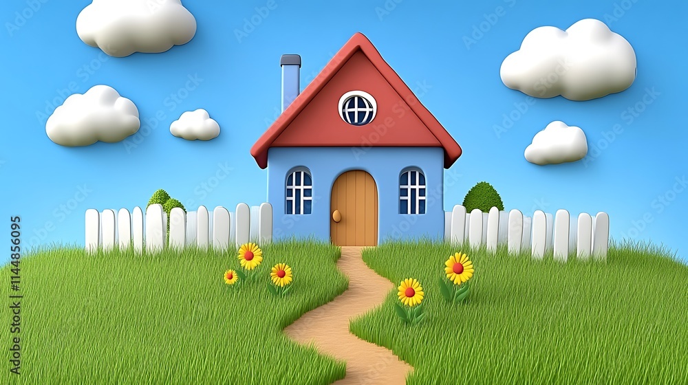 Cartoon House in Sunny Grassy Field with Fence Cartoon House in Sunny Grassy Field with Fence