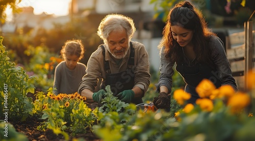 Community gardening event at golden hour with vibrant plants - Generative AI