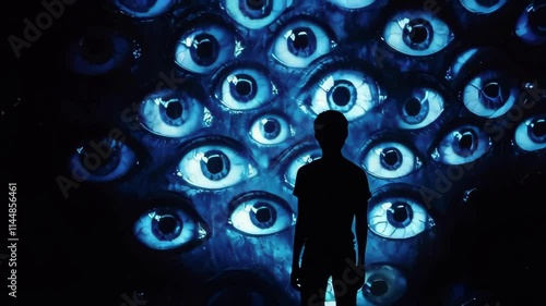 Silhouette against a wall of blue eyes evokes themes of surveillance, observation, and big brother.. AI Generation