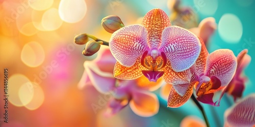 Obraz na płótnie Stunning macro shot capturing the exquisite details of a beautiful orchid, showcasing the vibrant colors and intricate patterns of this beautiful orchid in full bloom. w salonie