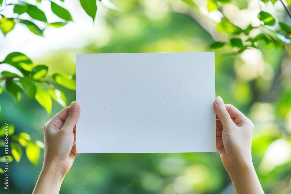 Hands hold paper in bokeh, leaves background. Hands hold paper in bokeh, leaves background.