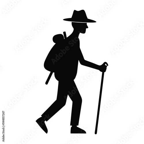 A black silhouette of a man walking with a backpack on his back 