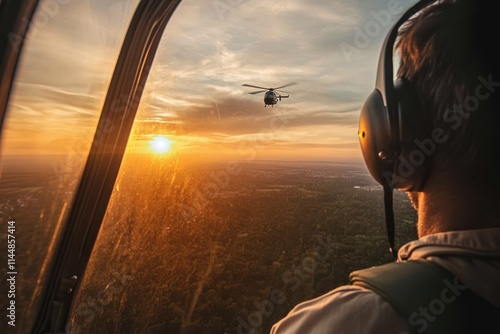 A pilot is seated in a helicopter, witnessing another helicopter flying in the distance against a stunning, golden sunset, adding a sense of adventure and exploration. photo