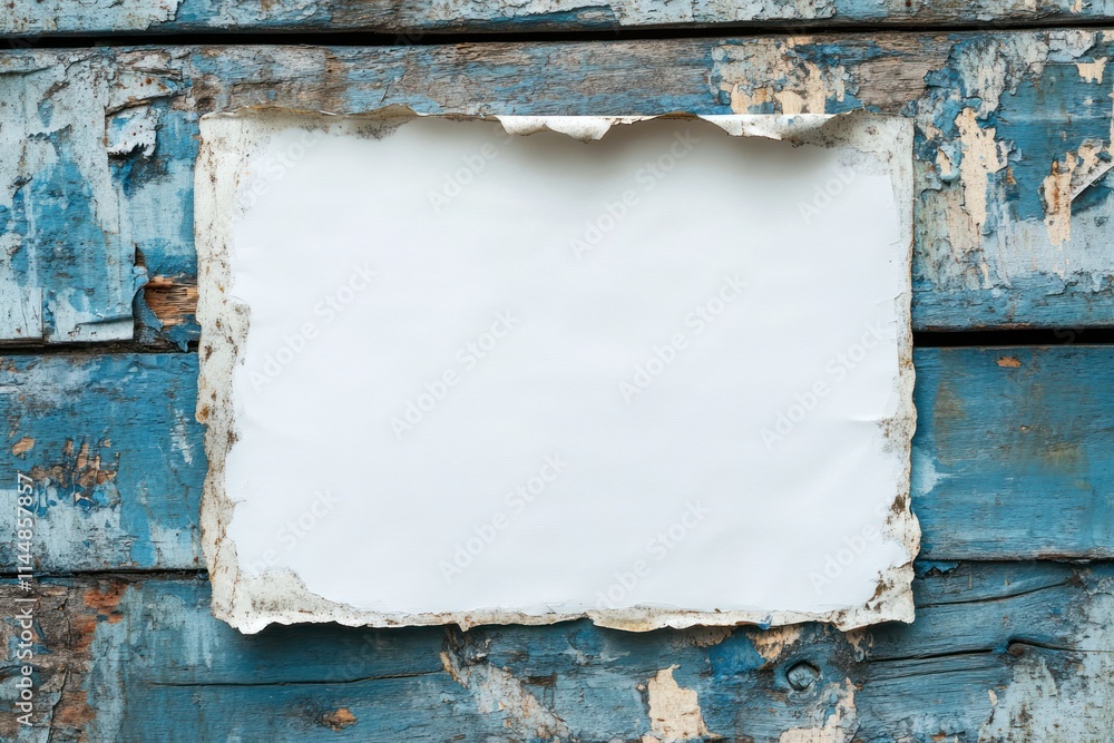 Naklejka premium Blank paper on peeling blue wood.