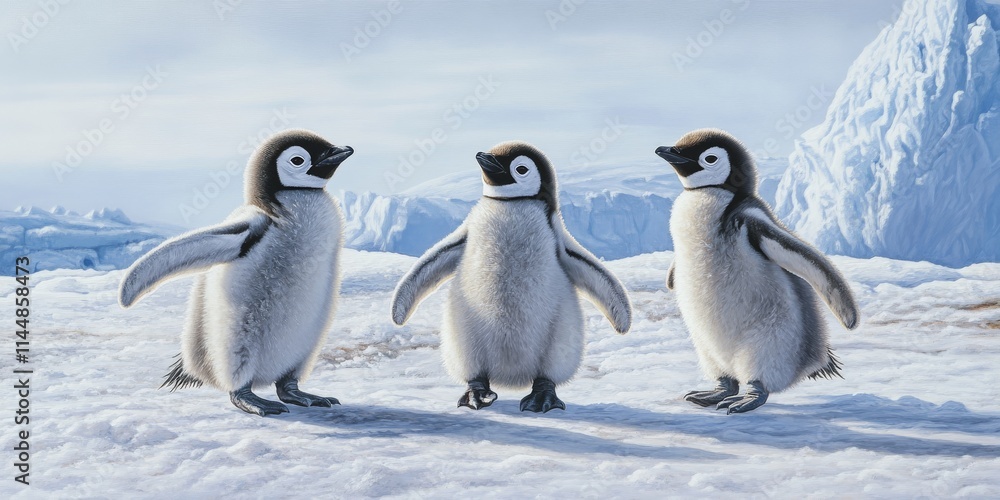 Obraz premium Three adorable Emperor Penguin chicks are playfully interacting, showcasing their charming personalities in this captivating scene of Emperor Penguin chicks engaging together in their natural habitat.