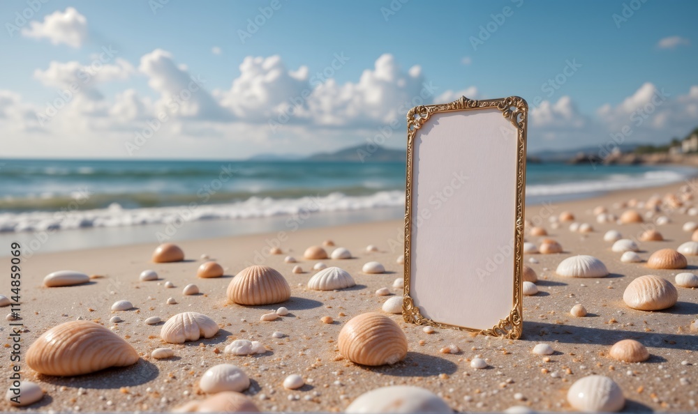 Vertical Business Card Mockup showcases an elegant blank frame set against a serene beach scene, surrounded by seashells, evoking tranquility and coastal beauty. Vertical Business Card Mockup showcases an elegant blank frame set against a serene beach scene, surrounded by seashells, evoking tranquility and coastal beauty.